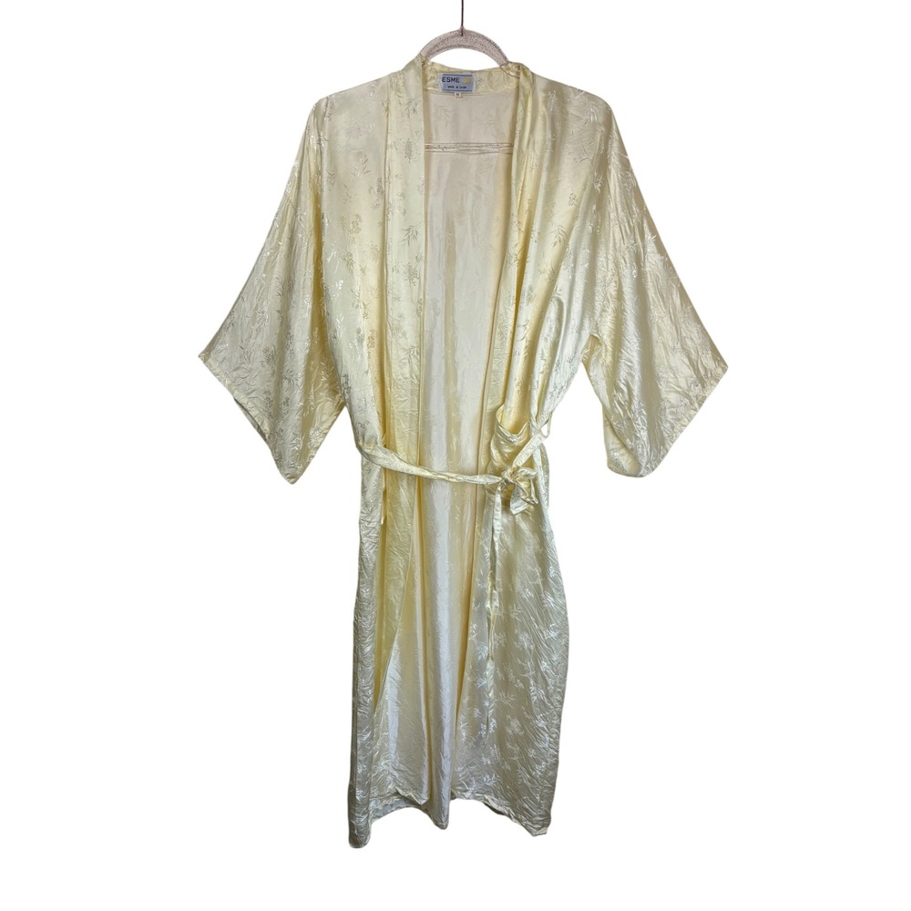 Vintage ESME 100% Silk Kimono Robe Sz M Yellow Satin Jacquard Floral Bamboo Tie